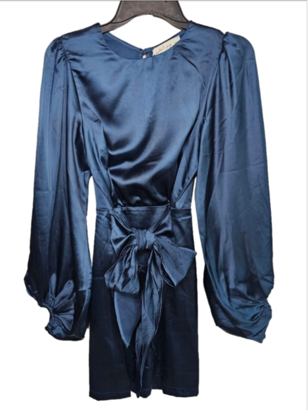 Petal & Pup Opal Navy Satin Mini Dress NWT Size 4 Long Balloon Sleeve Tie Waist